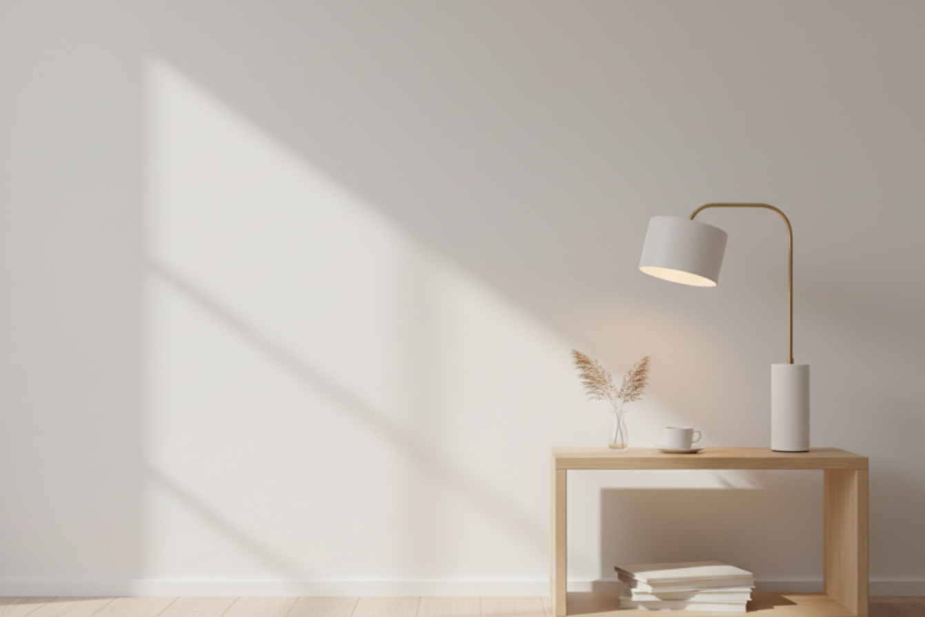 A soft, minimalist bedroom interior with a clean white and warm beige color palette. The left side of the image has a smooth, plain white background with subtle golden ambient light. On the very towards very end  right side, place a modern bedside table lamp in white and matte gold, softly glowing and clearly highlighted as the main focus.  Include a simple bedside table, neatly arranged, with soft shadows and natural daylight coming from the side. T